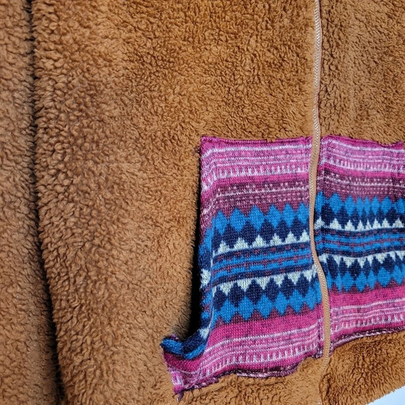 BLOOMING JOLLY Brown Sherpa Full Zip Hoodie w/ Colorful Tribal Pockets - Picture 4 of 7